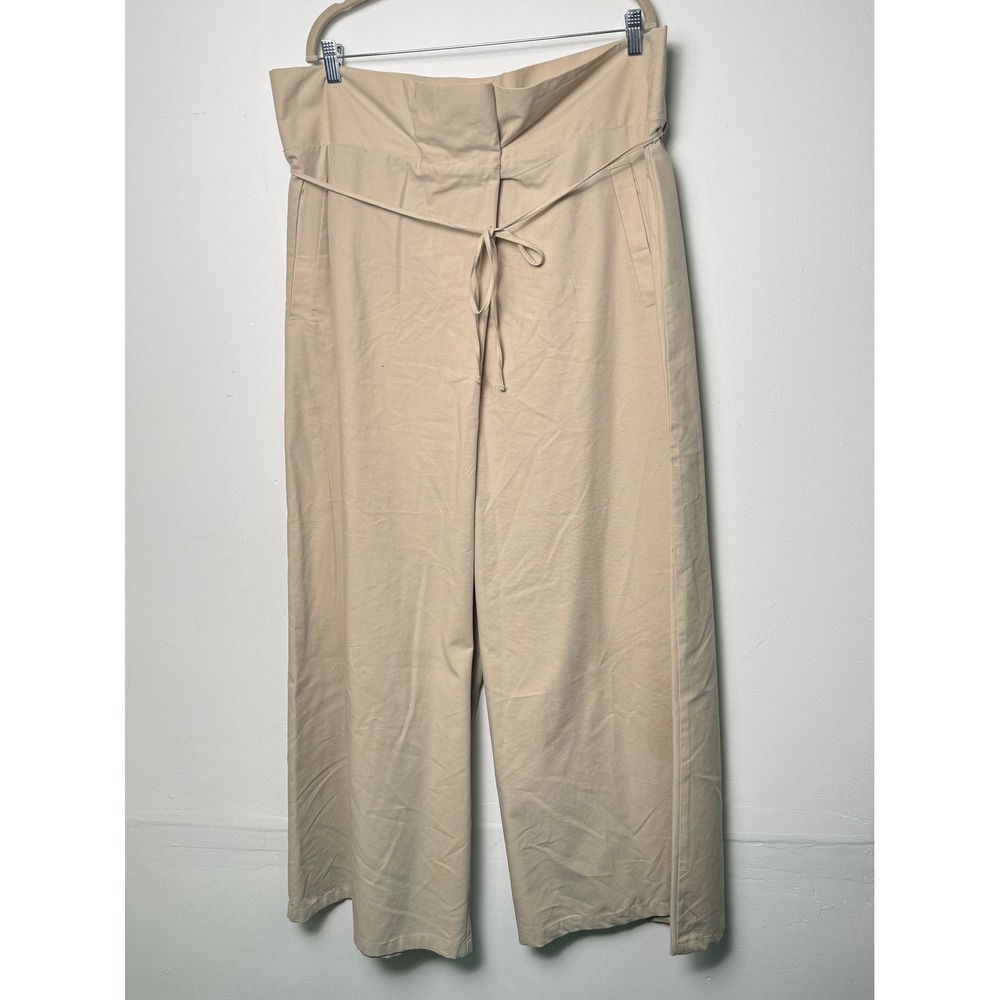 Zara XXL Beige Paperbag High Waist Wide Leg Cropped Tie Belt Pants Tan Womens